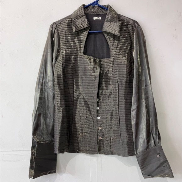 Iridescent, sage, green button-down blouse - Picture 4 of 12